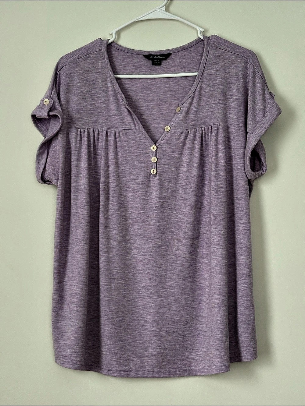 Eddie Bauer Lavender Henley Top L Boho Relaxed Flowy Modal Roll Tab Sleeve